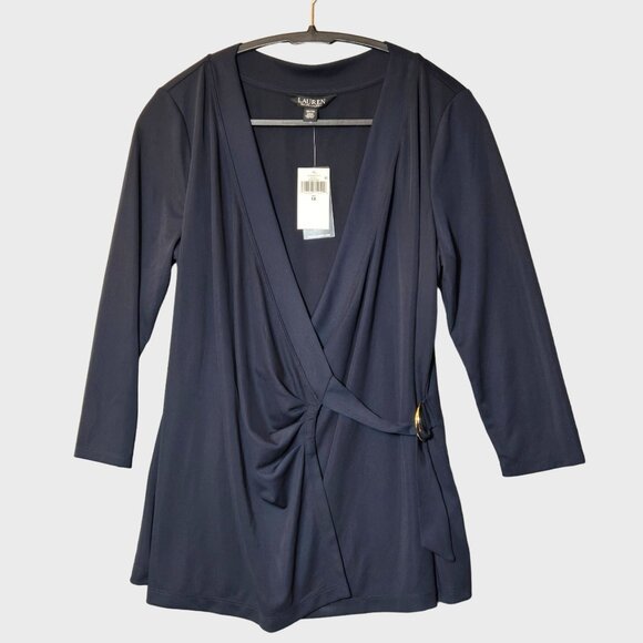 Lauren Ralph Lauren Plus Size Faux-Wrap Surplice Neck Top Navy Blue NWT - Picture 4 of 10
